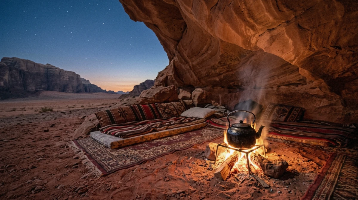 Mattresses and a fire under a rock overhang, the semi-wild version of a Wadi Rum camp