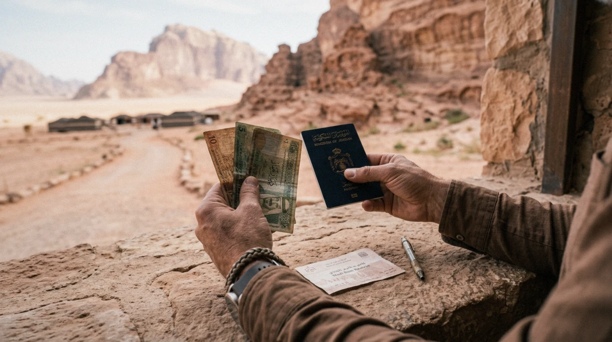 Dinar notes and a passport at a ticket counter, paying the Wadi Rum entrance fee