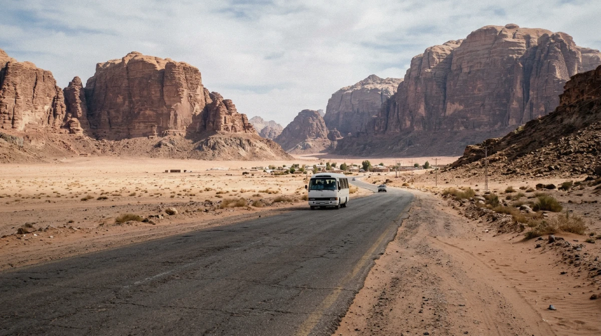 The road into Wadi Rum Village between red cliffs, the last stretch of how to get to Wadi Rum