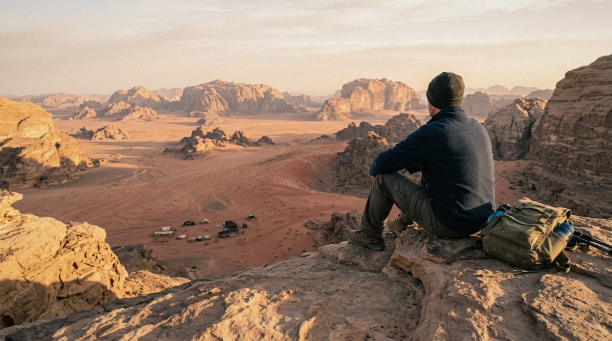 A traveller on a ledge at sunrise over the valley, deciding how many days in Wadi Rum
