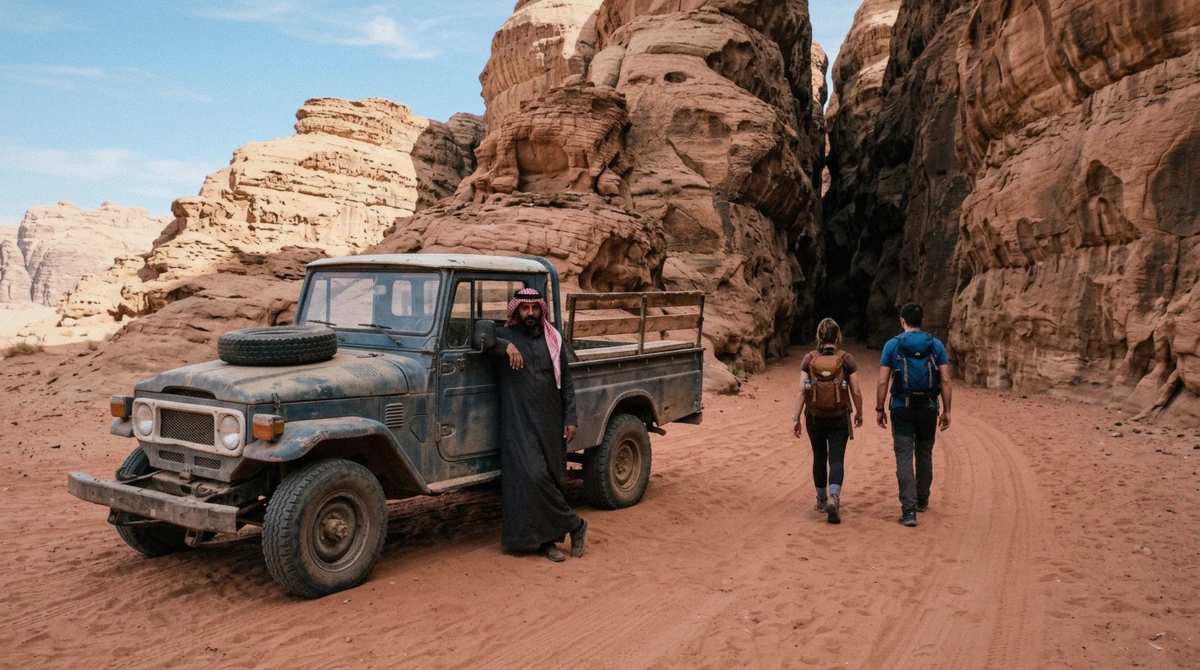 An old 4x4 at a canyon entrance on a Wadi Rum full day jeep tour