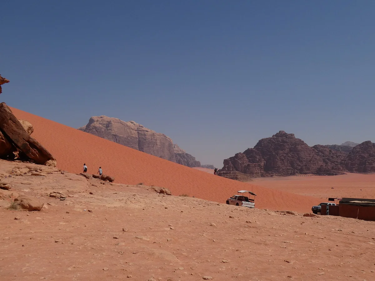 Travellers on the red sand dune, a stop on even the shortest stay when choosing how many days in Wadi Rum