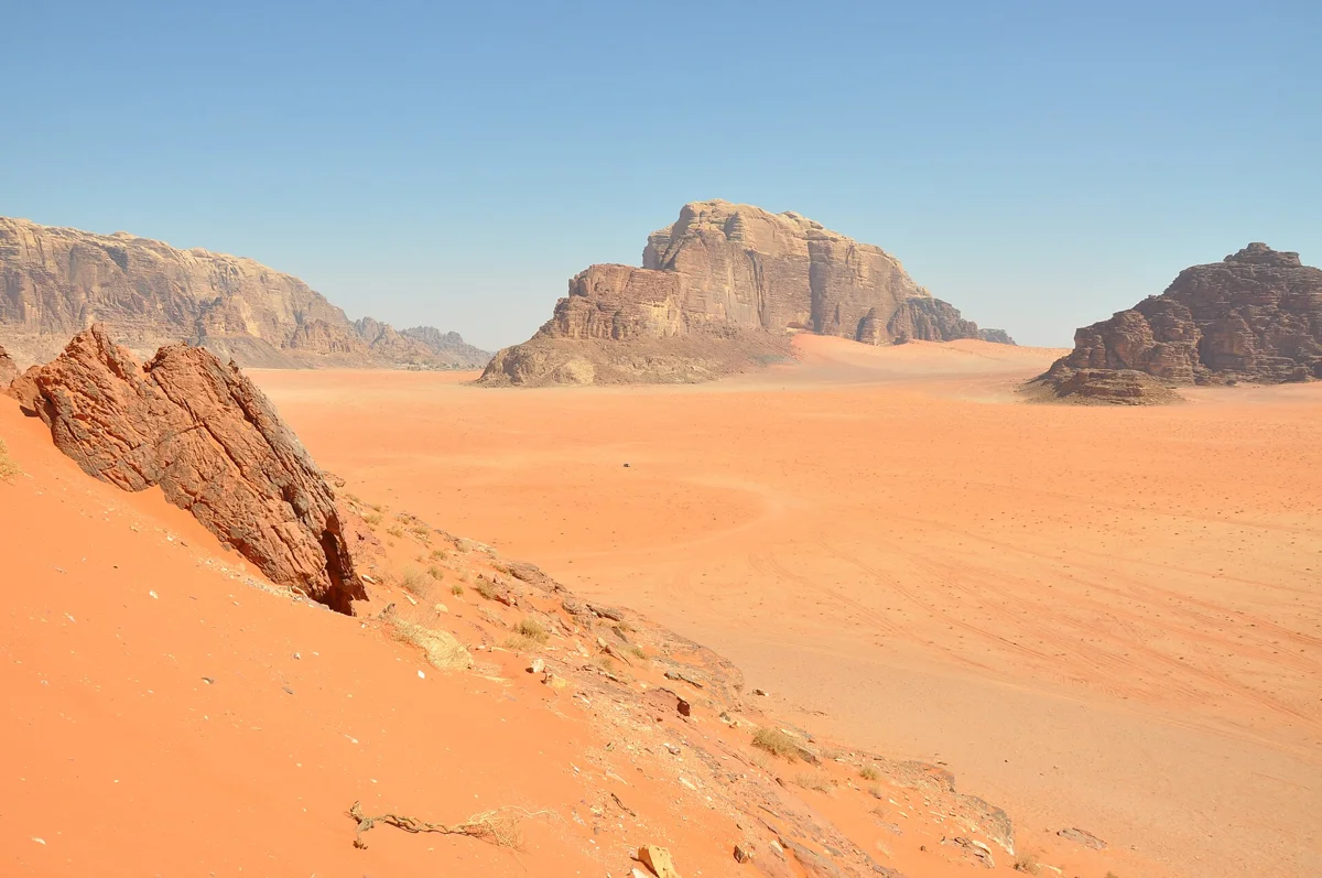 The long valley of red sand where Lawrence of Arabia scenes were shot in Wadi Rum
