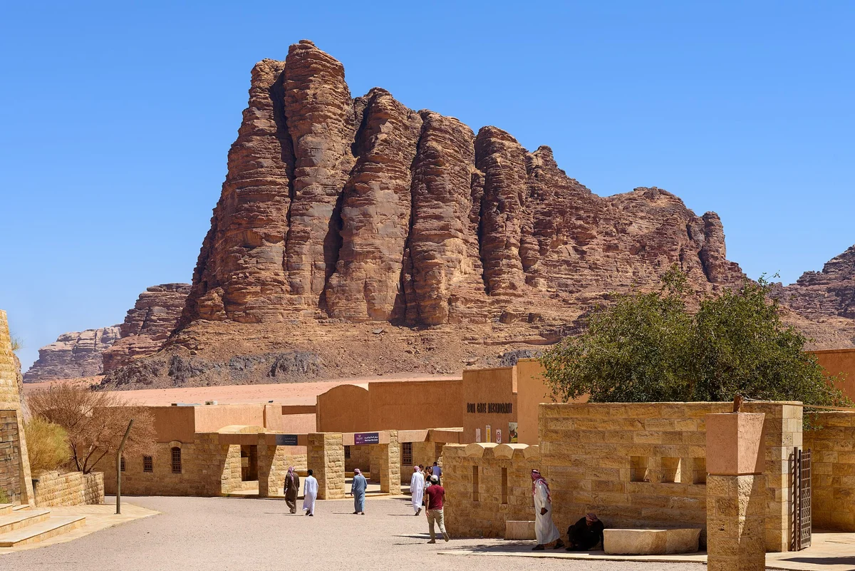 The Wadi Rum Visitor Centre below the Seven Pillars of Wisdom, the start of Wadi Rum desert tours
